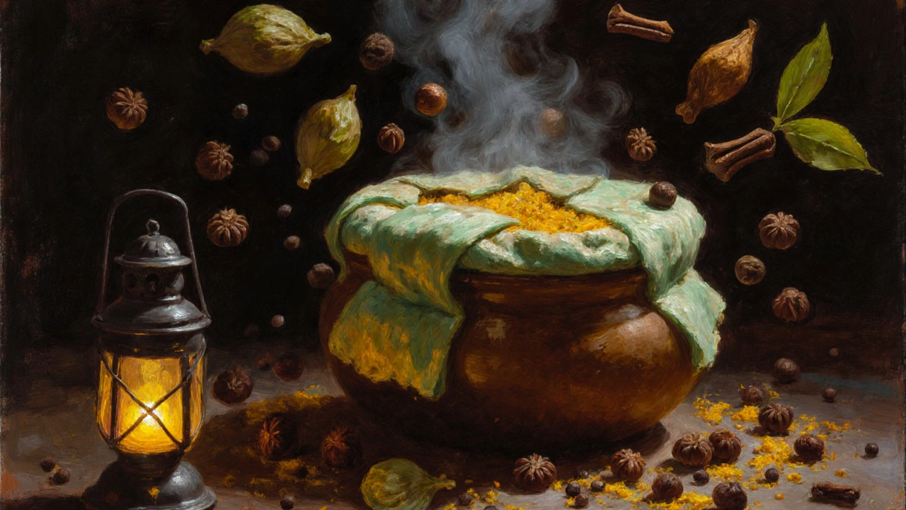 A sealed biryani pot steaming gently, surrounded by floating whole spices in a dim kitchen.
