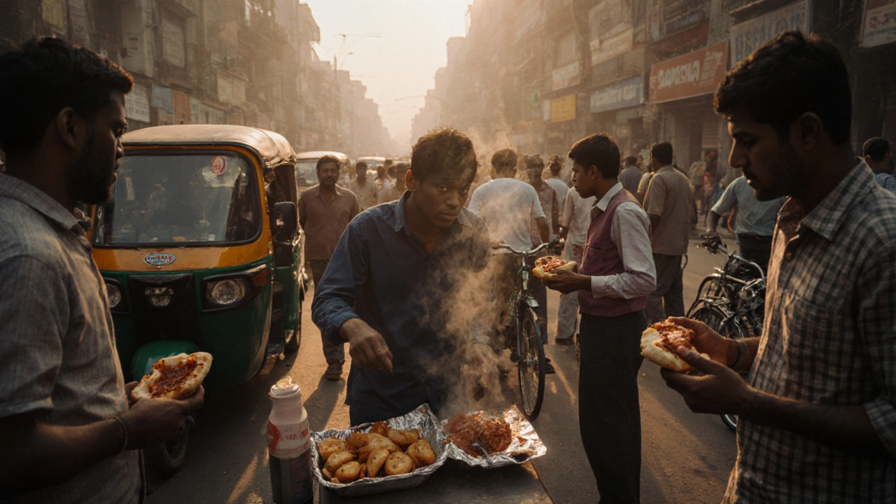 A street vendor preparing vada pav for commuters at dawn in Mumbai.