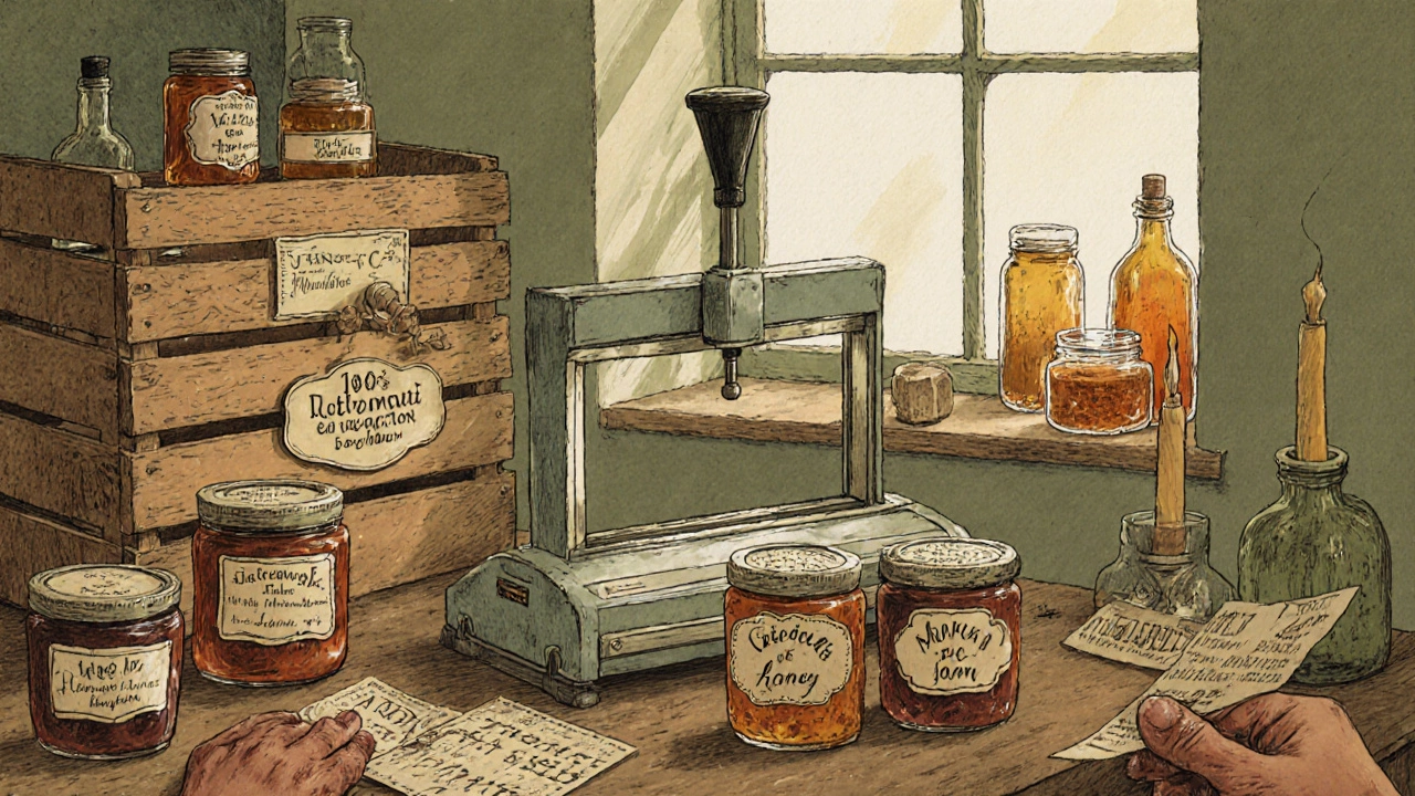 Artisanal jam being sealed with hand-printed labels in a cozy packaging station.