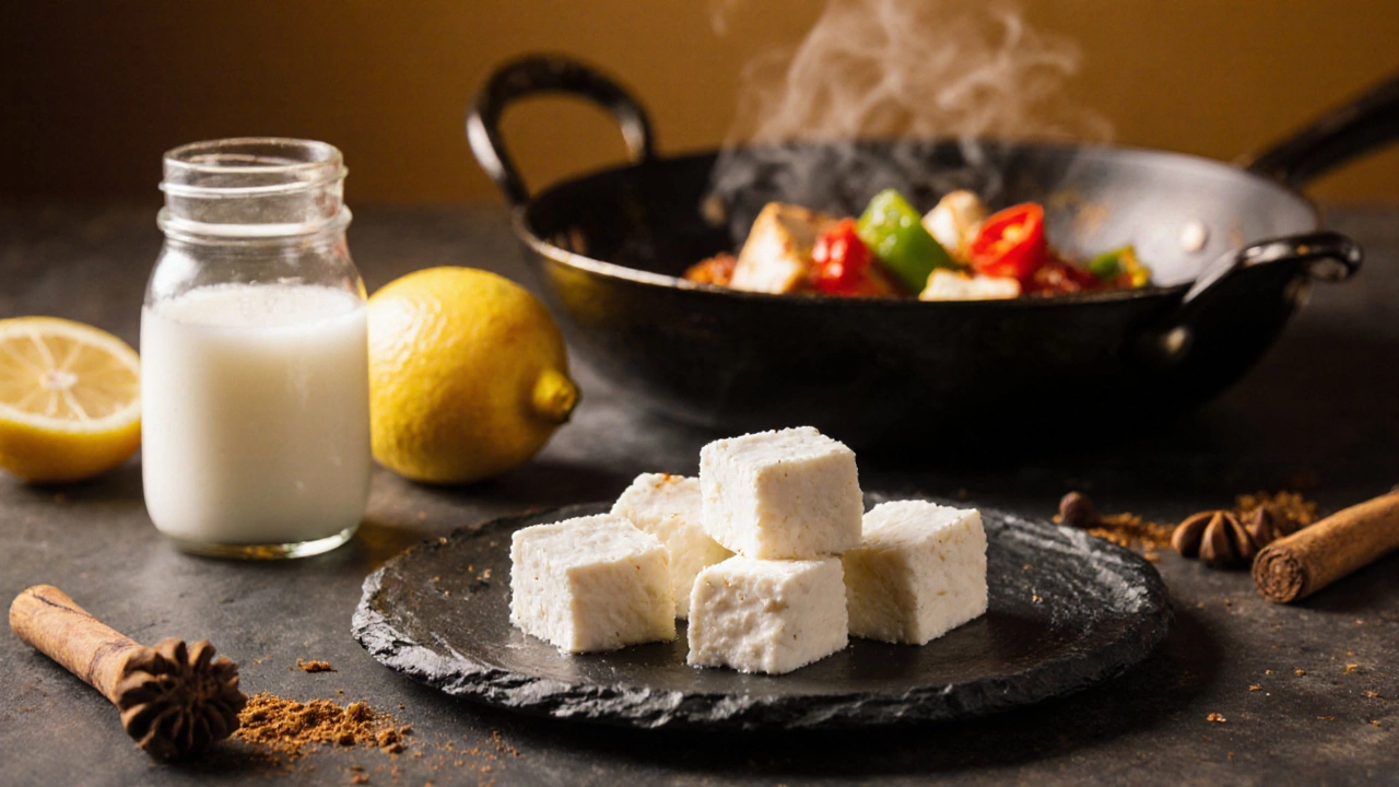 Cubes of homemade paneer served with grilled vegetables in a spiced Indian dish.