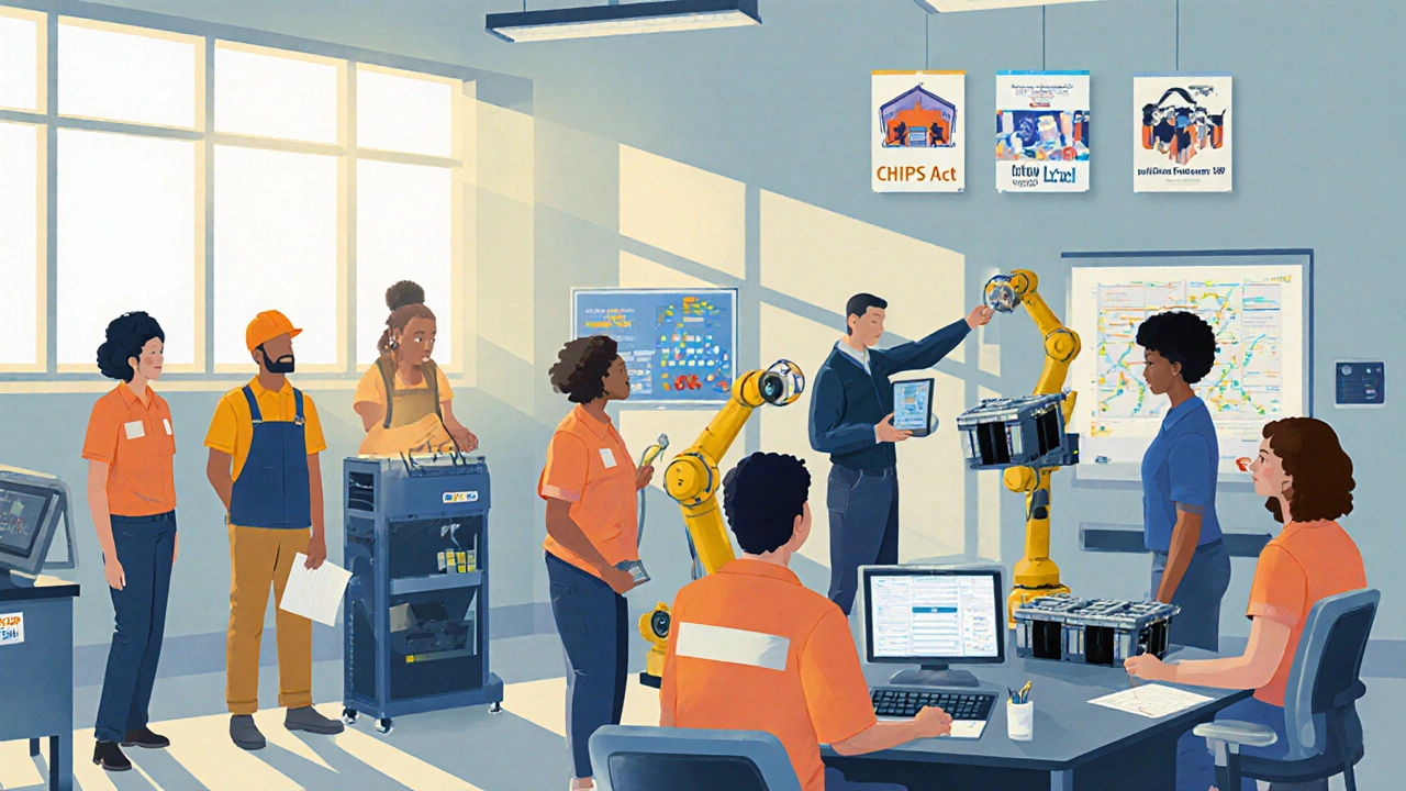 Diverse adults learn battery assembly and robotics in a community college manufacturing training program.