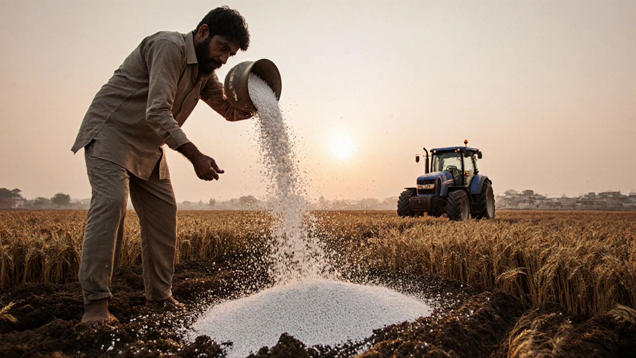 Farmer applying urea fertilizer to wheat fields at dawn in rural India.