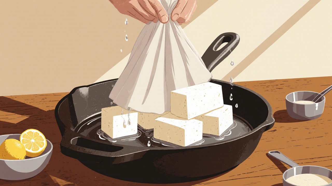 Fresh paneer curds wrapped in cloth being pressed under a cast-iron skillet.