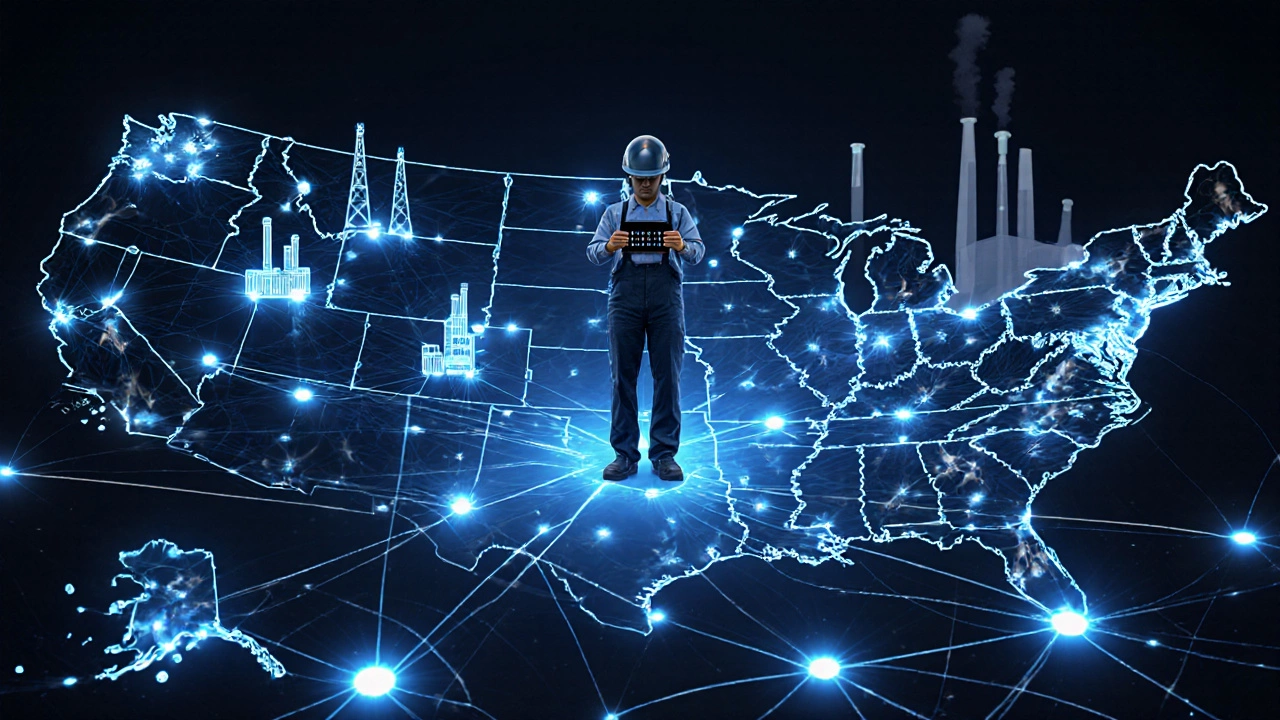 Glowing network of U.S. manufacturing hubs connected by energy lines, replacing overseas factories.