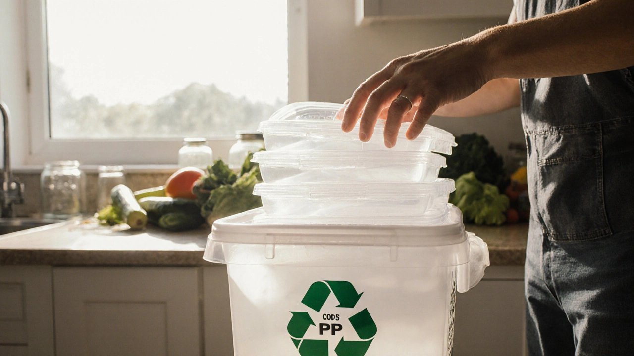 Hand placing clean code 5 plastic containers into a recycling bin in a sunny kitchen.