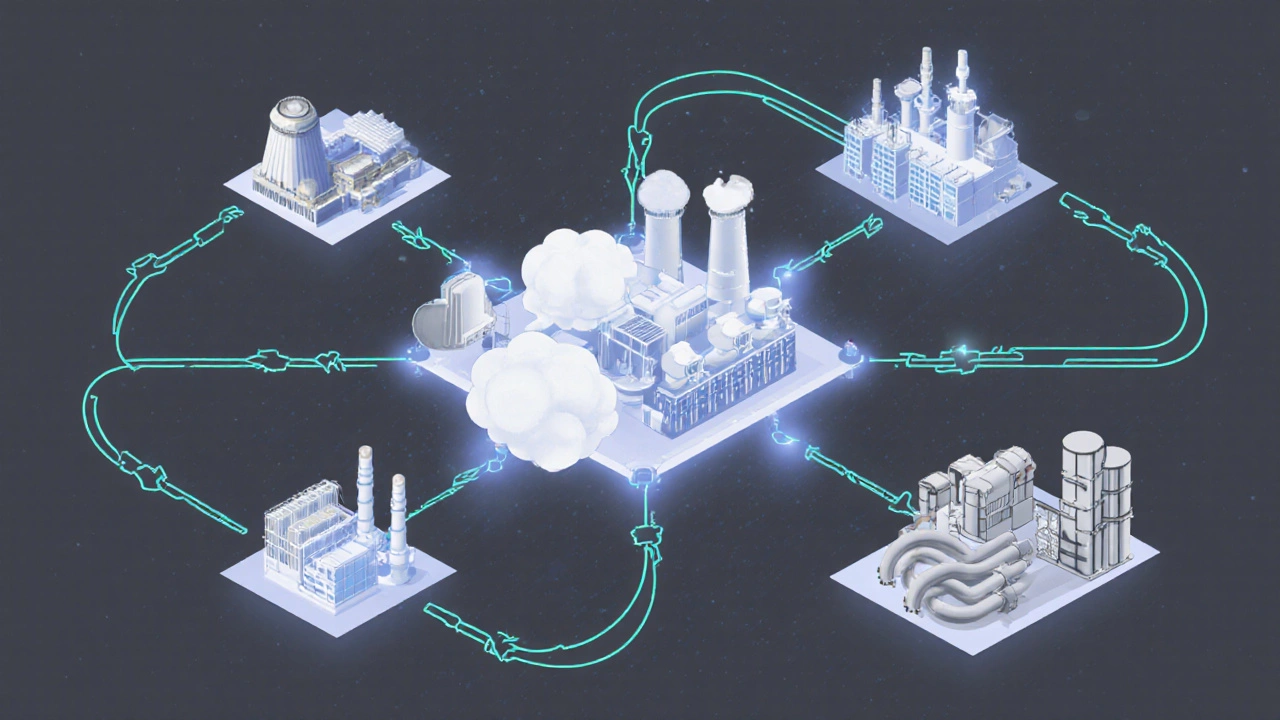 Interconnected industrial pathways showing chlorine and sodium hydroxide use across sectors.