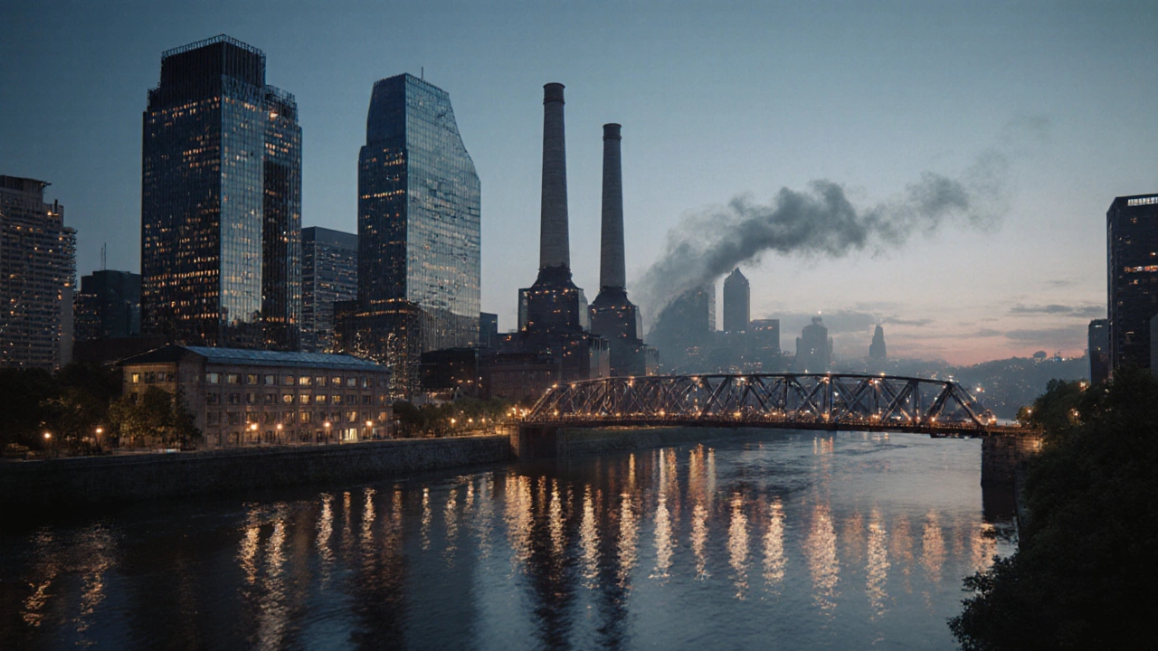 Modern Pittsburgh at night with glowing steel furnaces, tech buildings, and illuminated bridges over rivers.