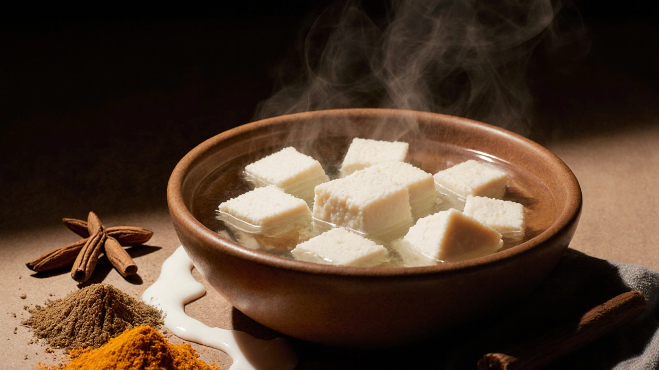 Paneer cubes floating in warm water with steam rising, surrounded by Indian spices and cream.