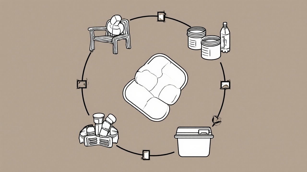 Recycled polypropylene pellets transforming into garden furniture and car parts in a circular design.