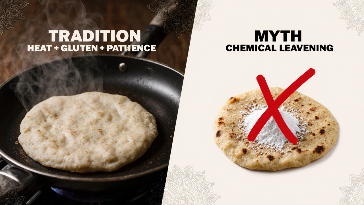 Split image comparing perfect traditional roti to a failed version with baking powder.