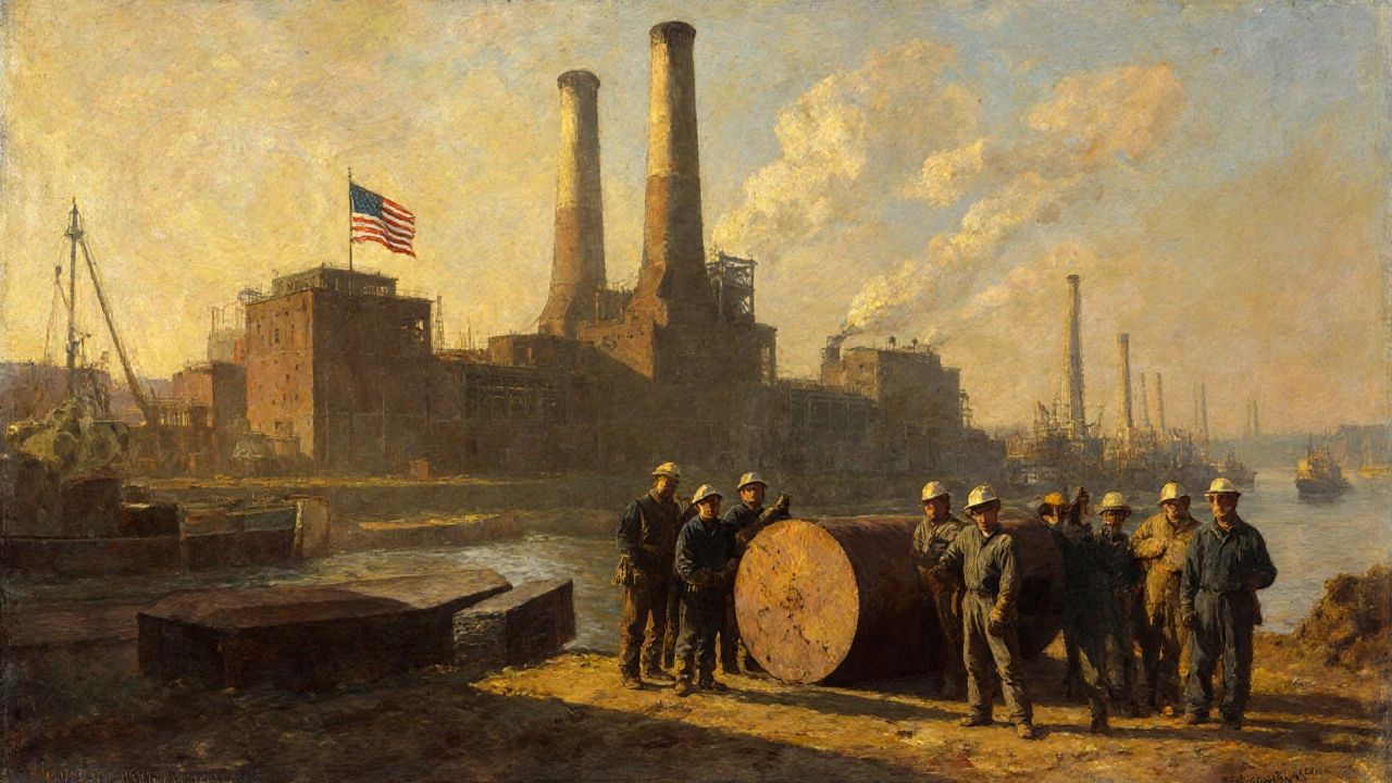 Workers beside a giant steel ingot at Homestead Mill in 1901, American flag waving over the industrial complex.