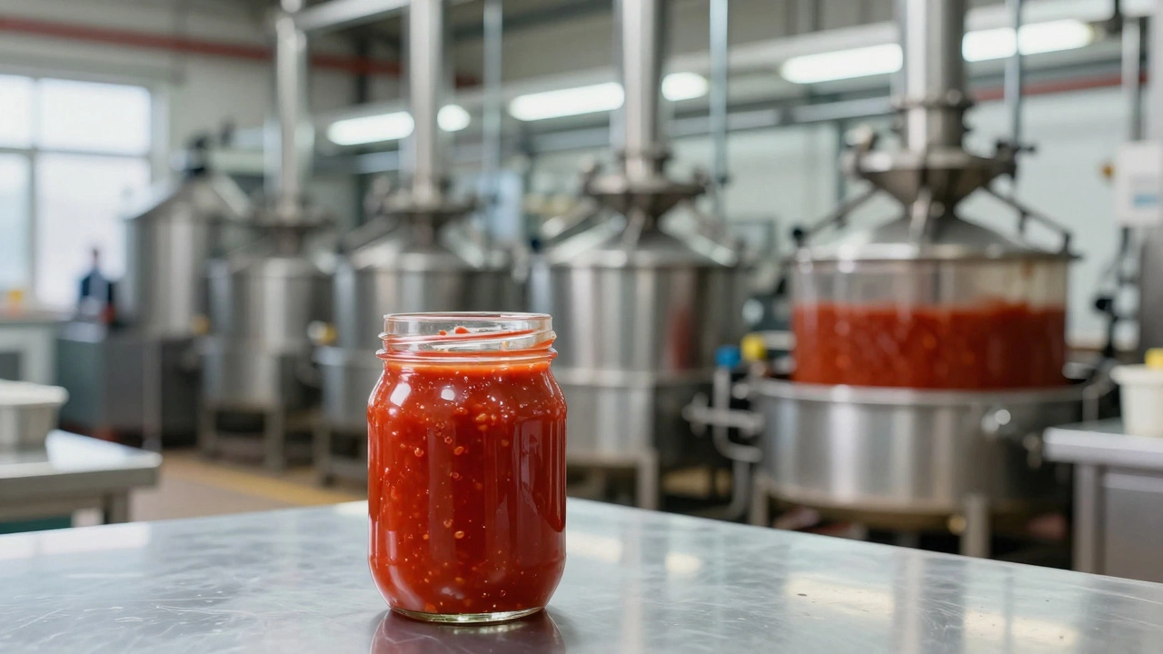 A jar of tomato sauce beside a scaled-up industrial processing line, showing home and factory methods side by side.