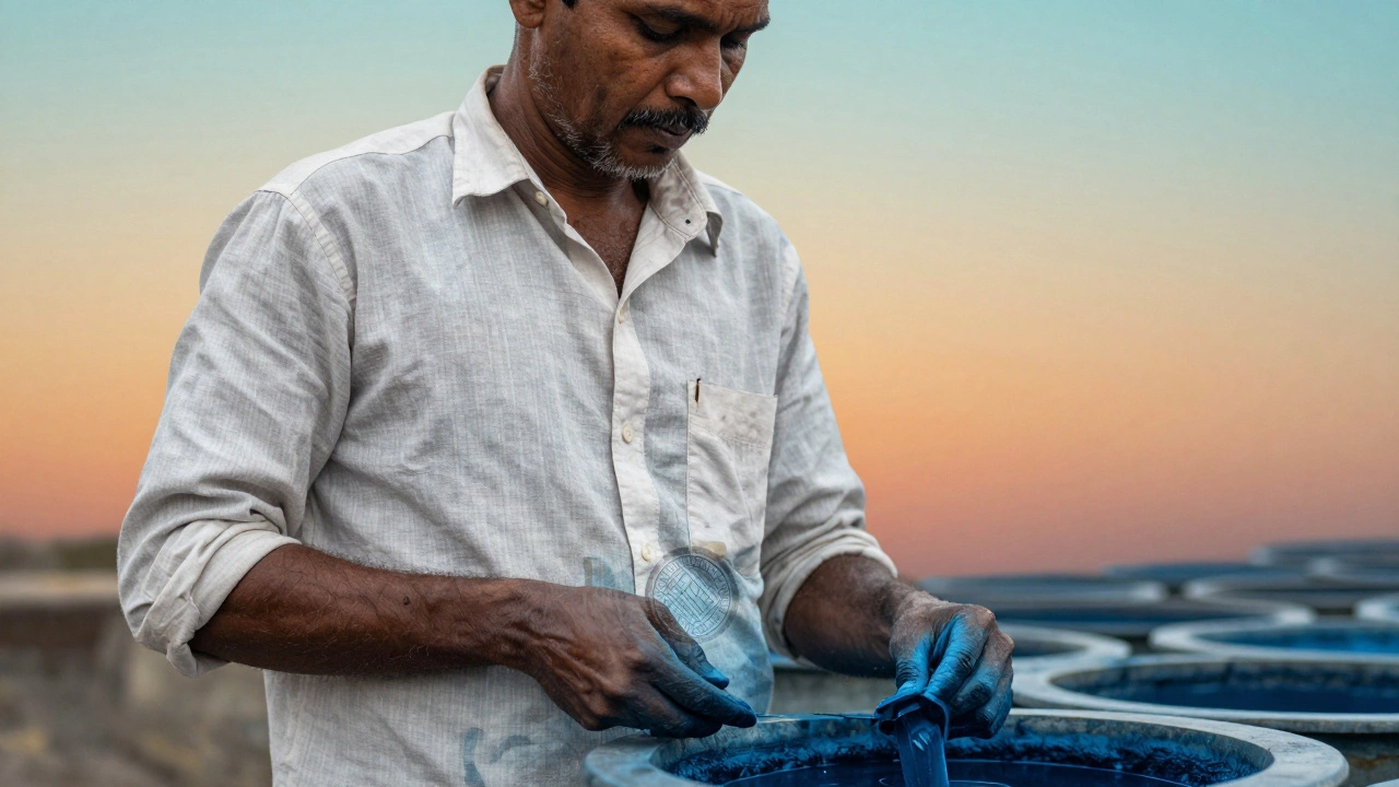 A Mumbai worker wearing cotton blend fabric, overlaid with natural dye textures and the Handloom Mark symbol.