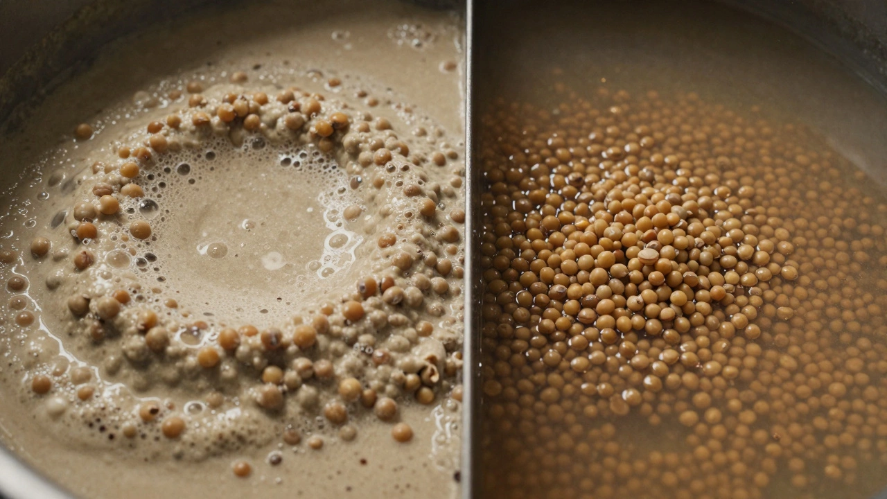 Contrast of perfectly soaked urad dal versus over-soaked slimy dal side by side.
