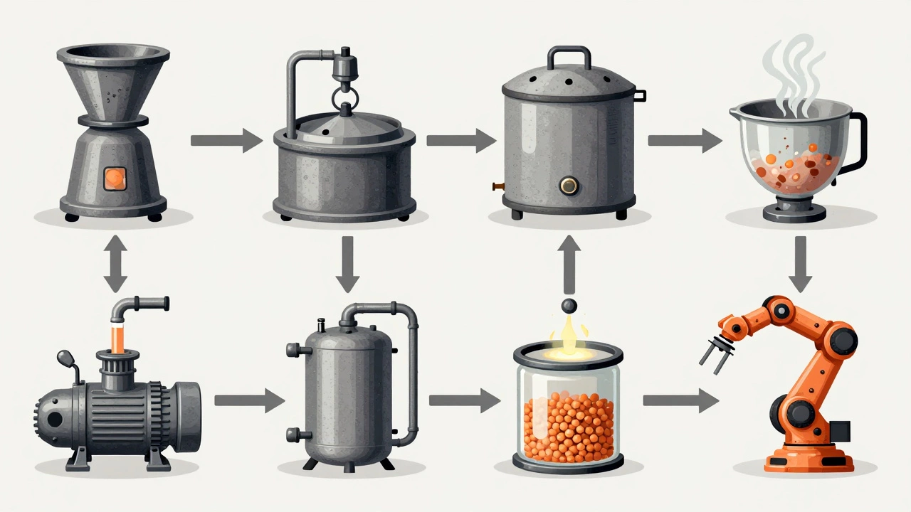 Eight mechanical icons representing key food unit operations like grinding, separating, drying, and mixing.