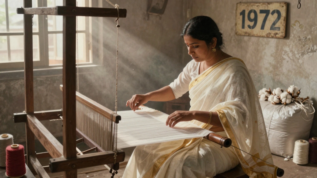 Elderly weaver working on a traditional wooden loom, crafting a delicate Chanderi silk saree in an old Mumbai mill.