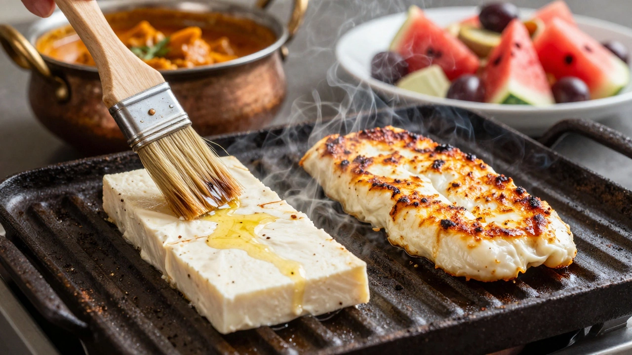 Grilled paneer and halloumi on a grill, one needing oil, the other browning naturally.