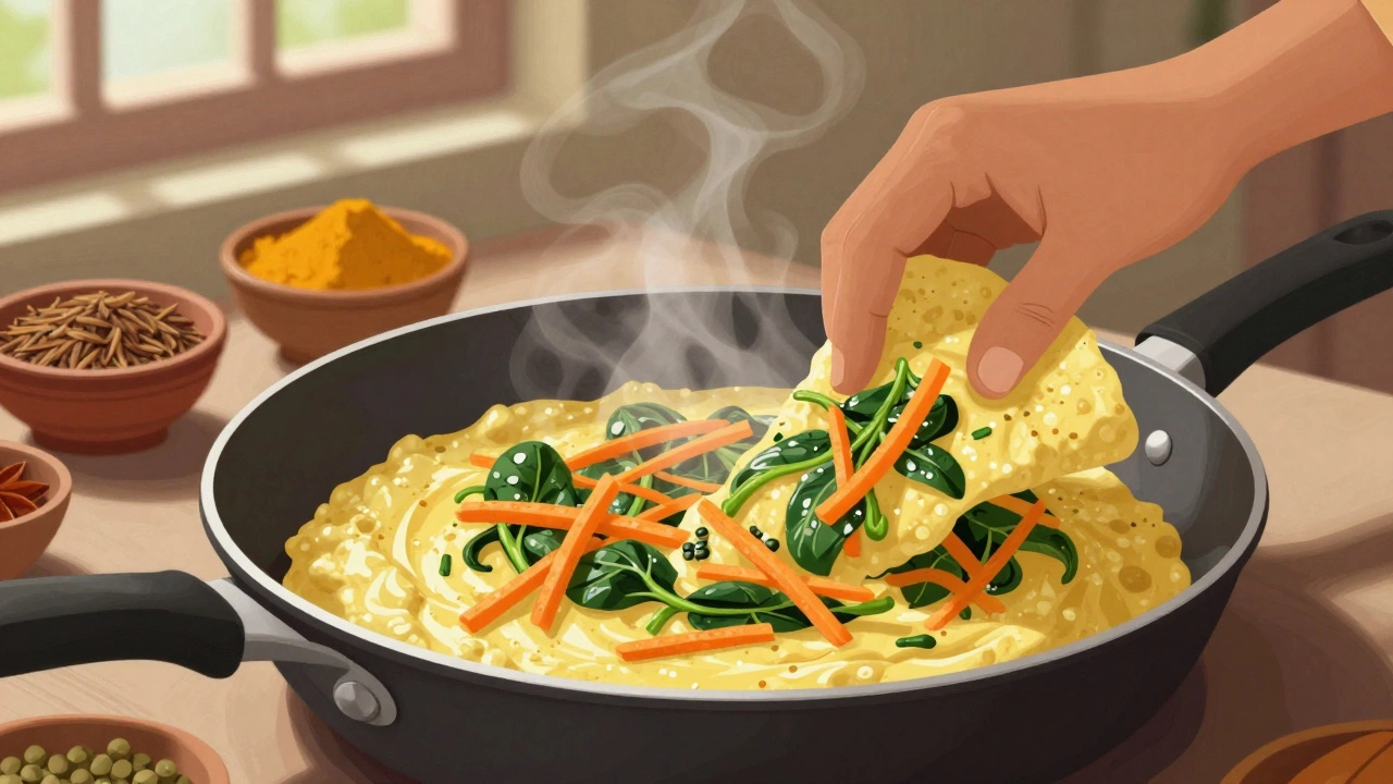 Moong dal chilla cooking on a pan with vegetables and spices nearby.