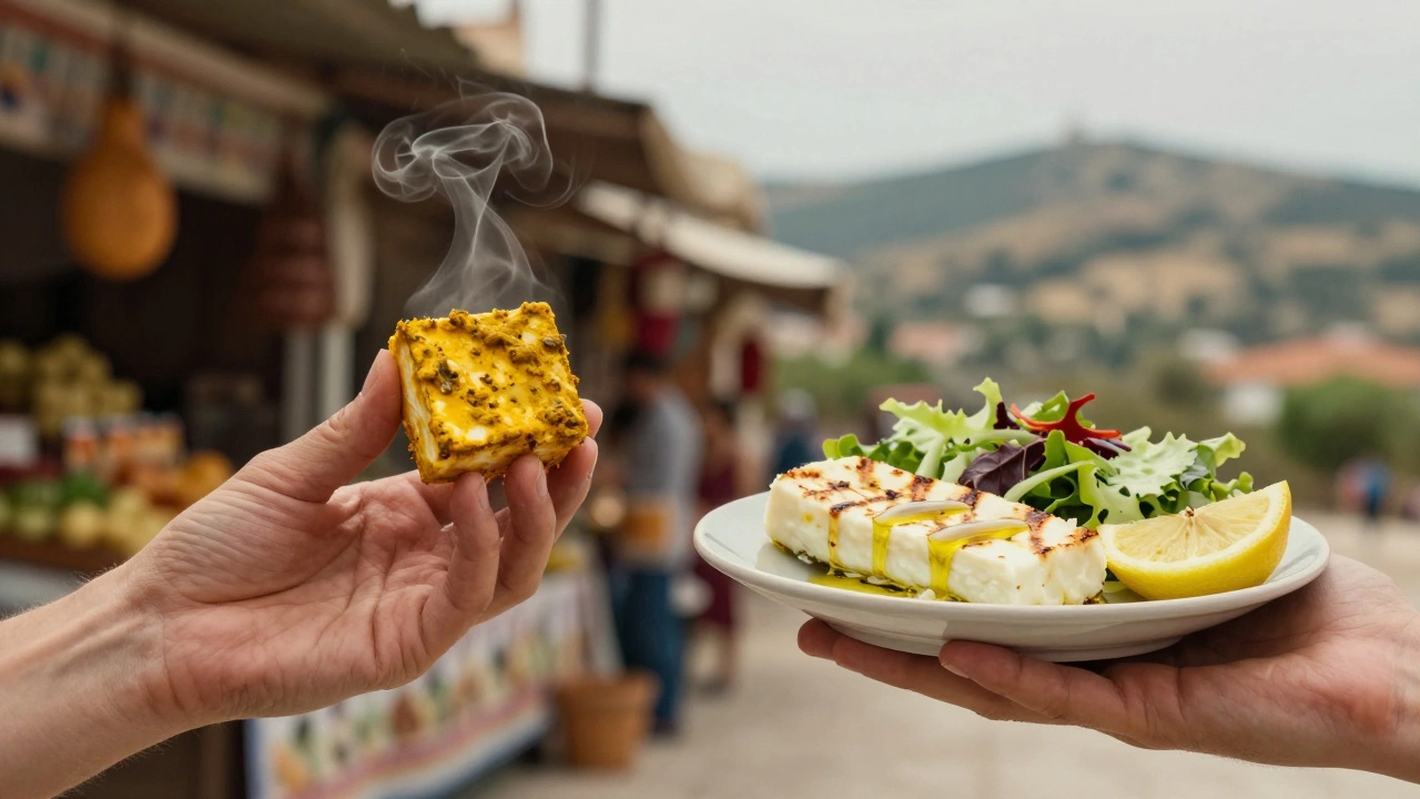 Paneer in curry and halloumi on salad, representing their different culinary uses.