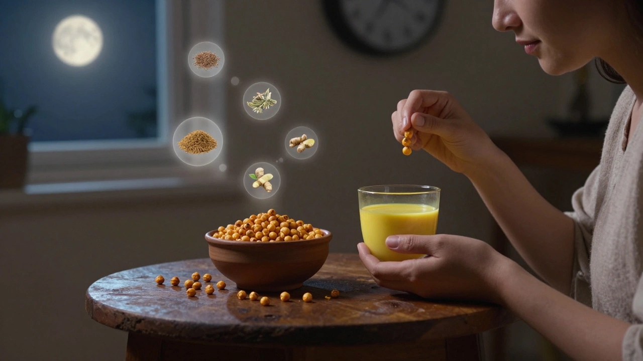 Person enjoying roasted chickpeas and turmeric milk in a quiet nighttime setting.