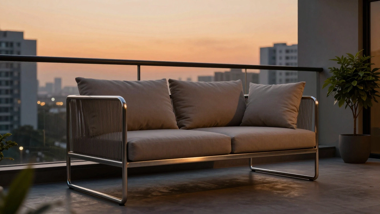 Powder-coated steel outdoor sofa on a Gurgaon balcony at dusk, designed for durability.