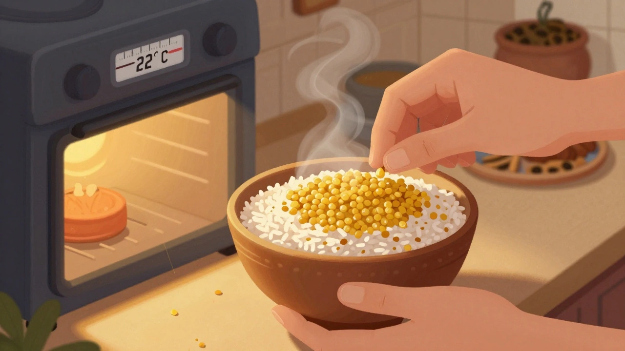 Soaked urad dal and rice in ceramic bowl near oven with light on in winter kitchen.
