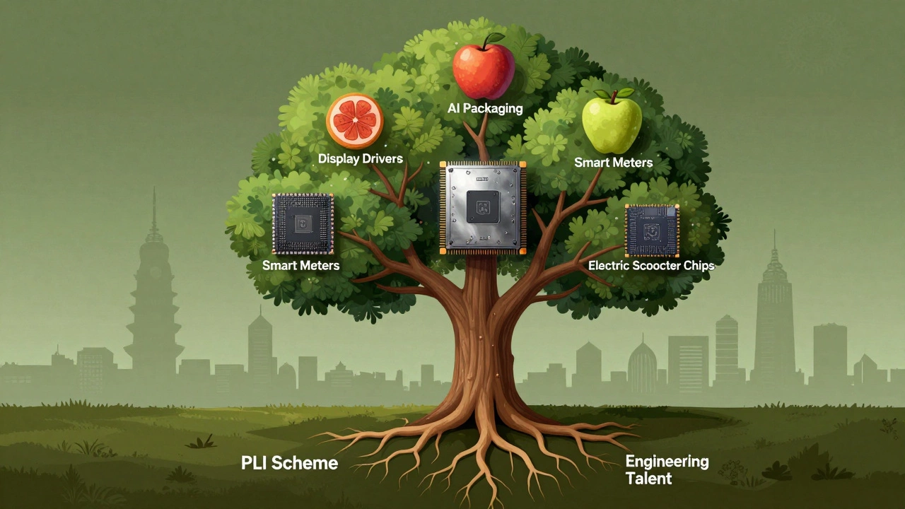 Symbolic tree representing India's growing semiconductor industry with key chip types as fruit.