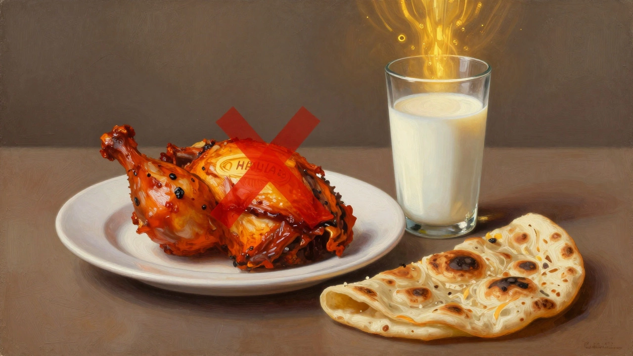 Tandoori chicken and milk on a plate with a symbolic X over halal certification.