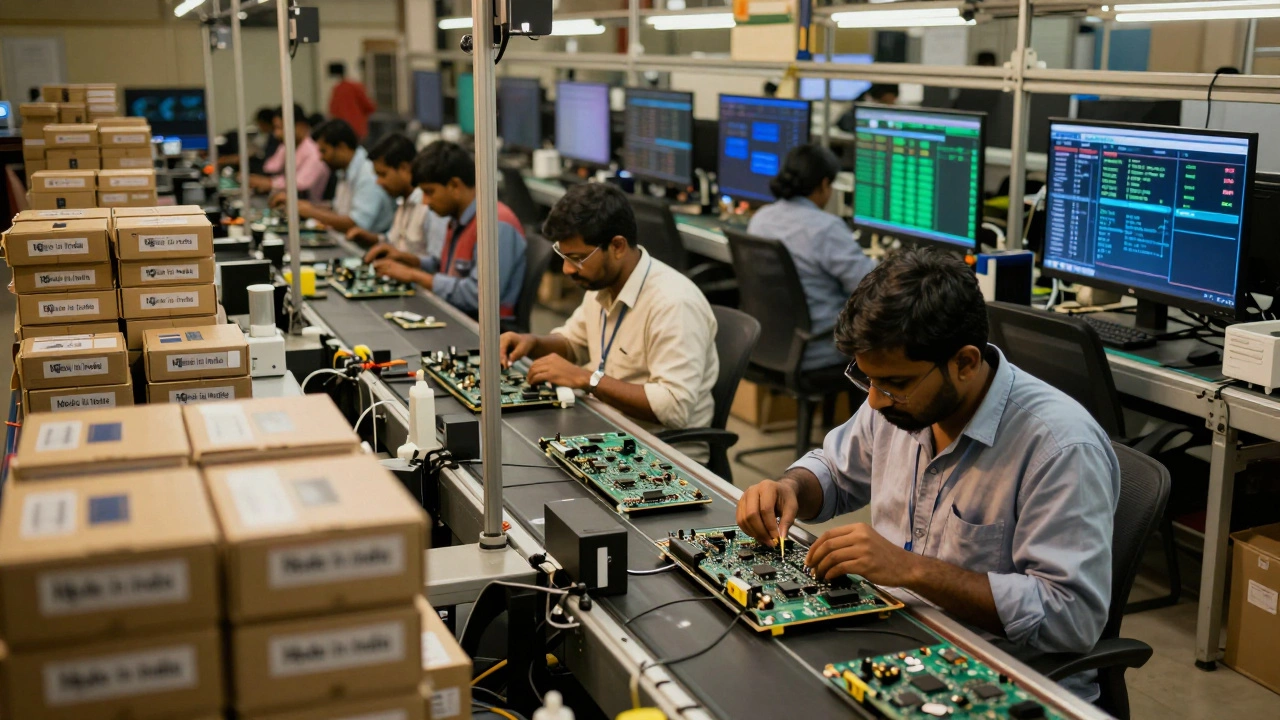 Workers inspecting chip-based modules for smart TVs in an Indian electronics assembly plant.