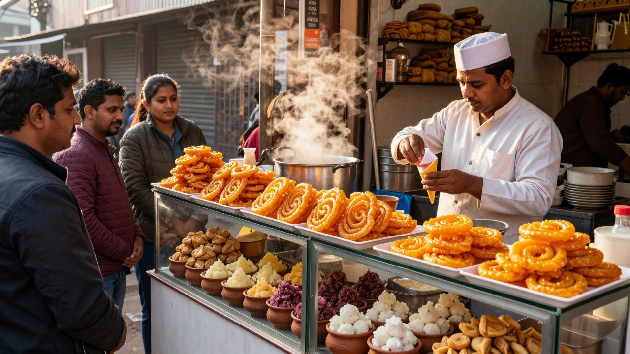 A busy Indian sweet shop with glass cases of jalebi and peda, a shopkeeper wrapping sweets in paper cones at golden hour.