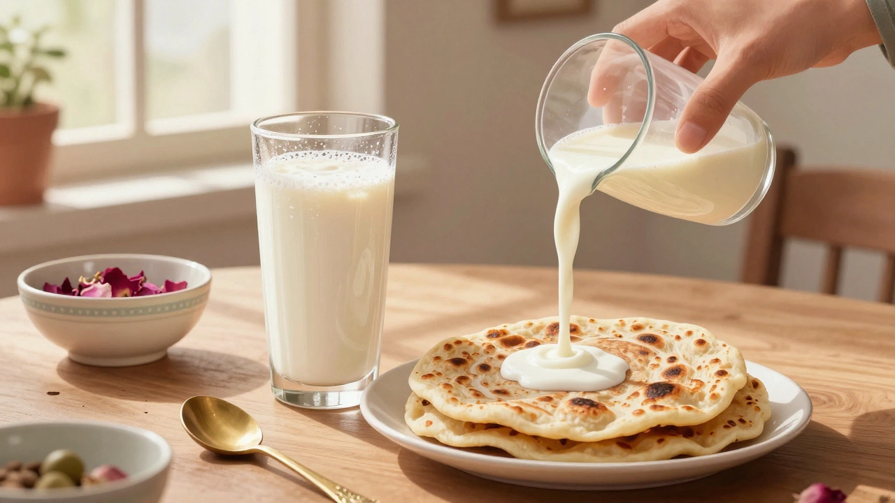 A glass of frothy sweet lassi beside parathas on a wooden breakfast table in a Punjabi home.