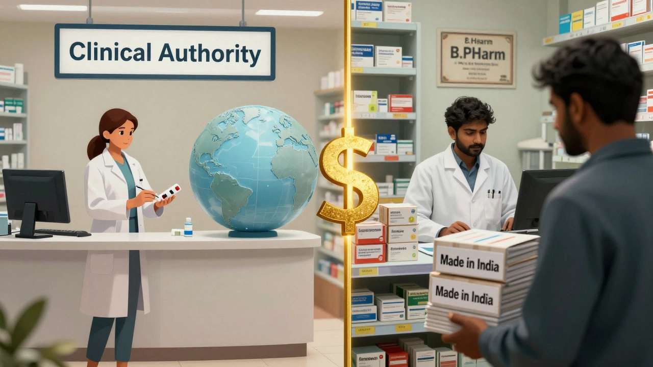 Contrast between a clinical European pharmacist and an overworked Indian retail pharmacist amid drug exports.
