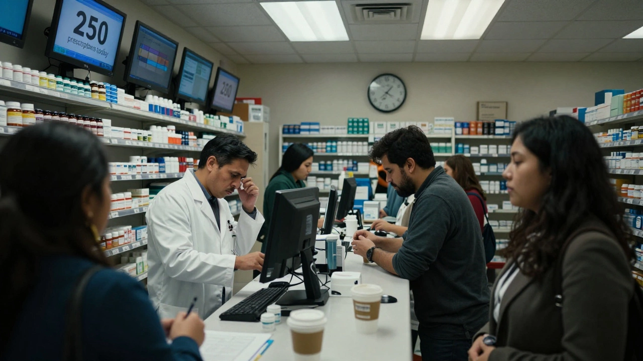Exhausted U.S. pharmacist overwhelmed by prescriptions in a busy retail pharmacy under fluorescent lights.
