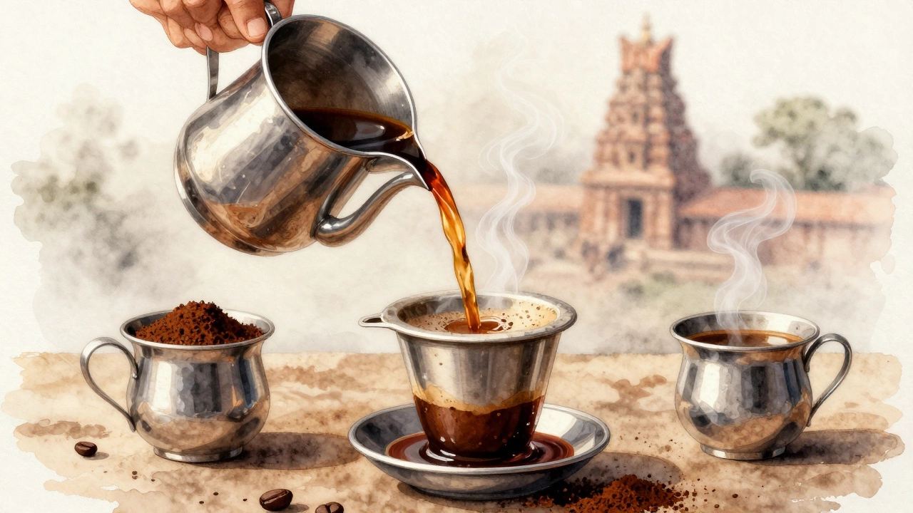 Filter coffee pouring in an arc between steel tumbler and saucer in a South Indian kitchen.