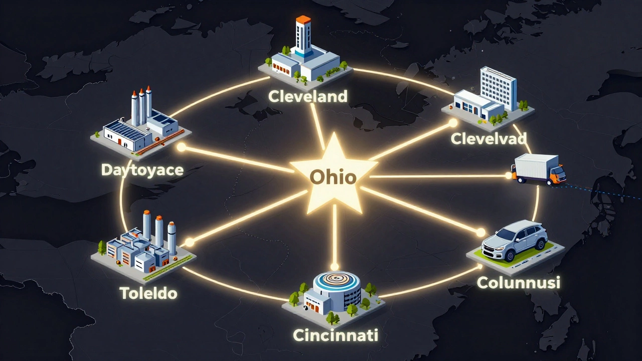 Glowing network map connecting Ohio's five manufacturing clusters with transportation links.