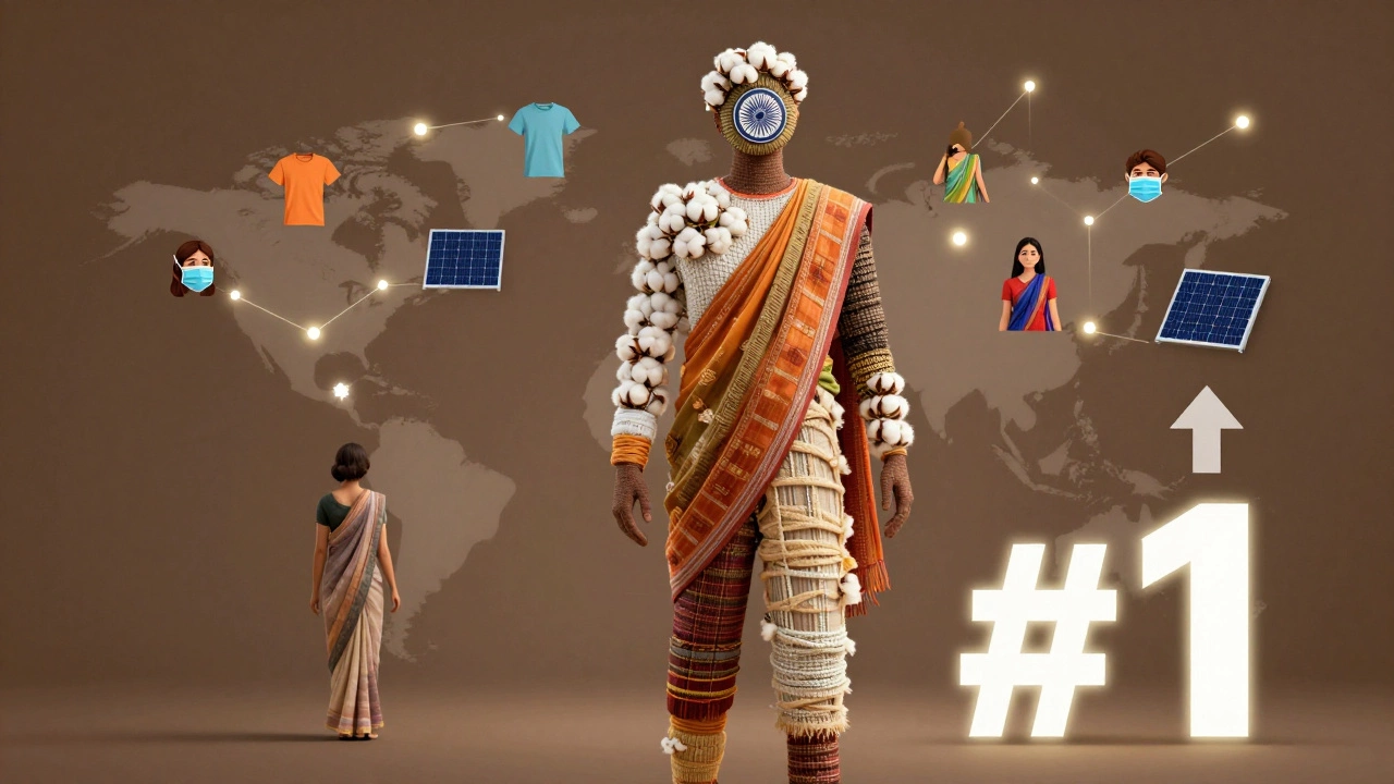 India depicted as a fabric-powered giant rising above China, surrounded by global textile products.