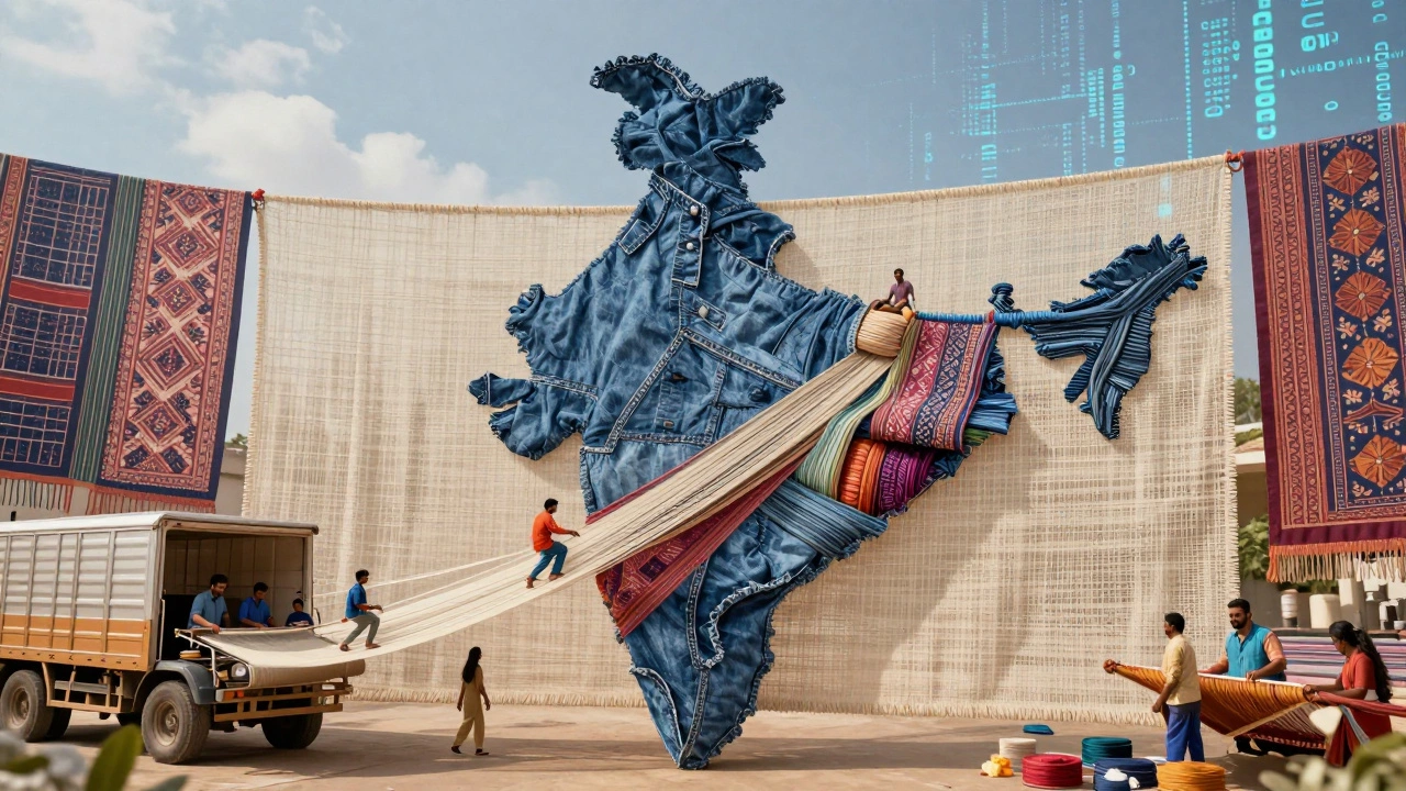 Map of India woven from textile fibers, representing regional industries and workforce.