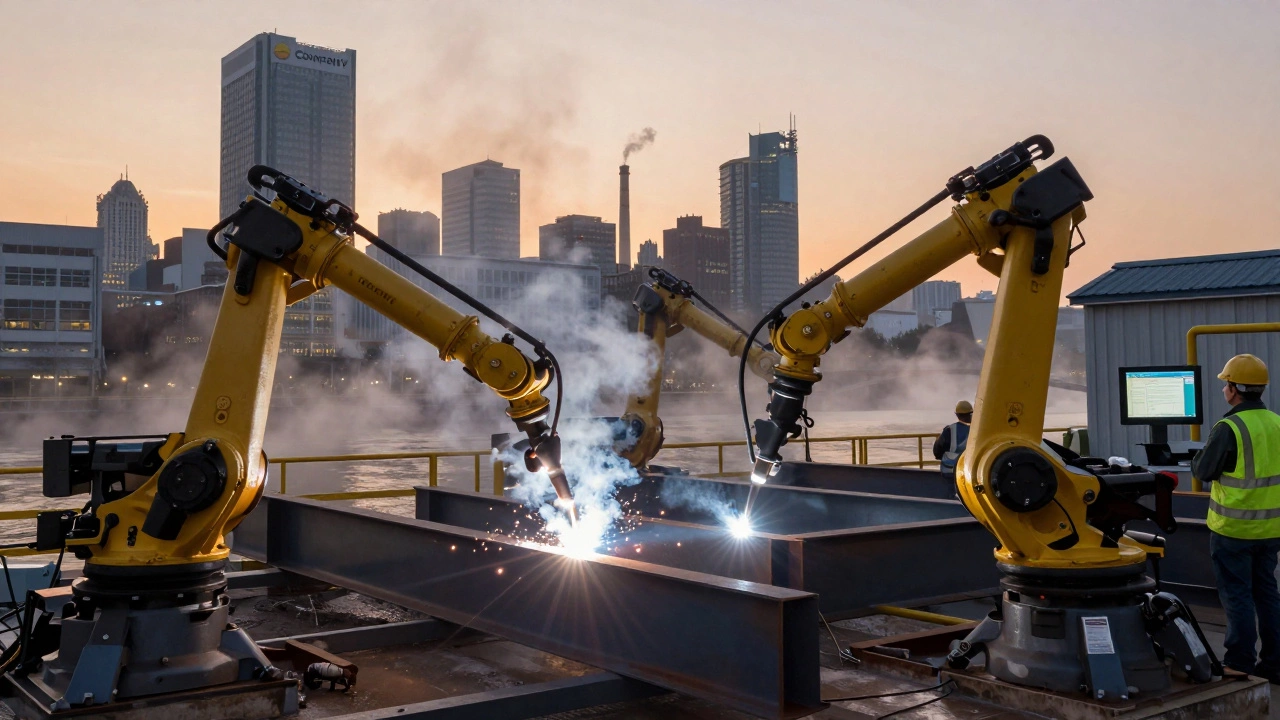 Modern U.S. Steel mill in Pittsburgh with robotic welders and clean furnaces at sunrise