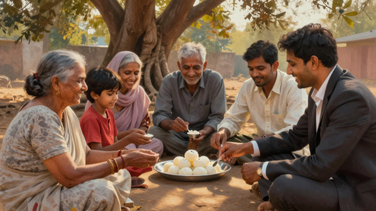 People of different ages sharing rasgulla and kheer under a tree at sunset, symbolizing community and tradition.