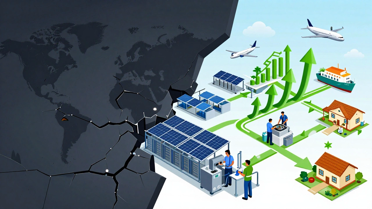Split landscape showing broken global supply chains vs. thriving Indian manufacturing with green energy.
