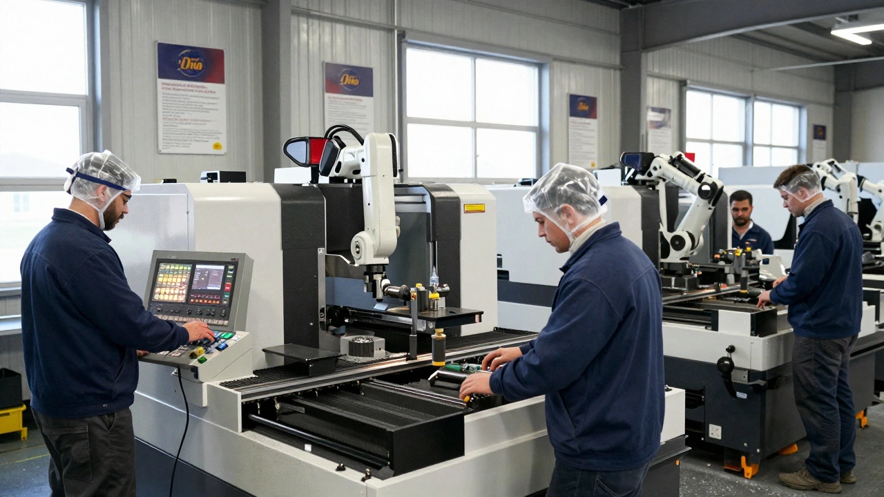 Workers operating advanced machinery in a modern Ohio factory with glowing control panels.