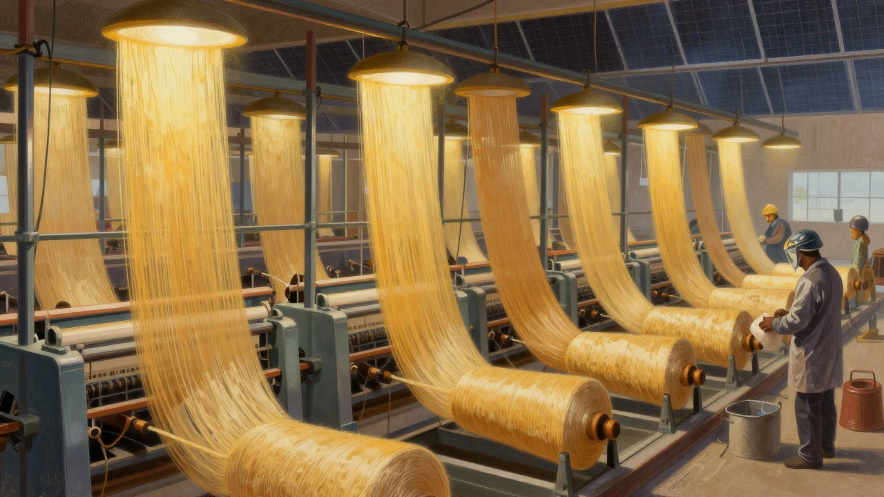Yarn production facility with spinning spindles and solar panels, showcasing India's textile innovation.