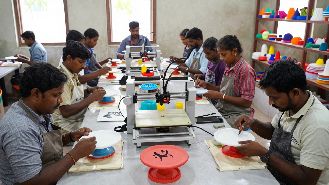 12 employees producing handmade cake stands and serving trays in a family-run Indian manufacturing unit