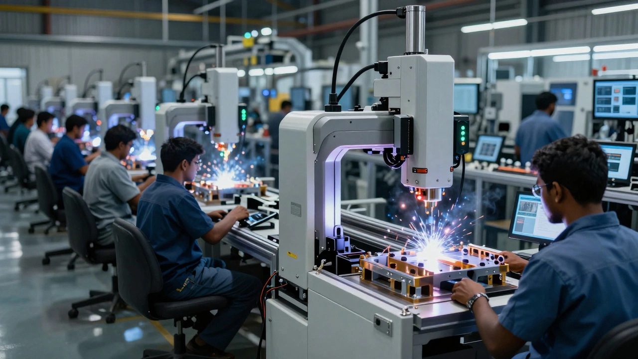 45 workers operating automated welding and AI inspection systems for custom metal brackets in India