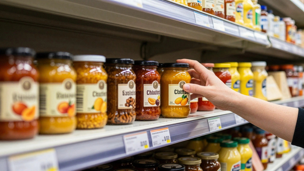 Assorted chutney jars on a supermarket shelf next to cheese and mustard in Britain.