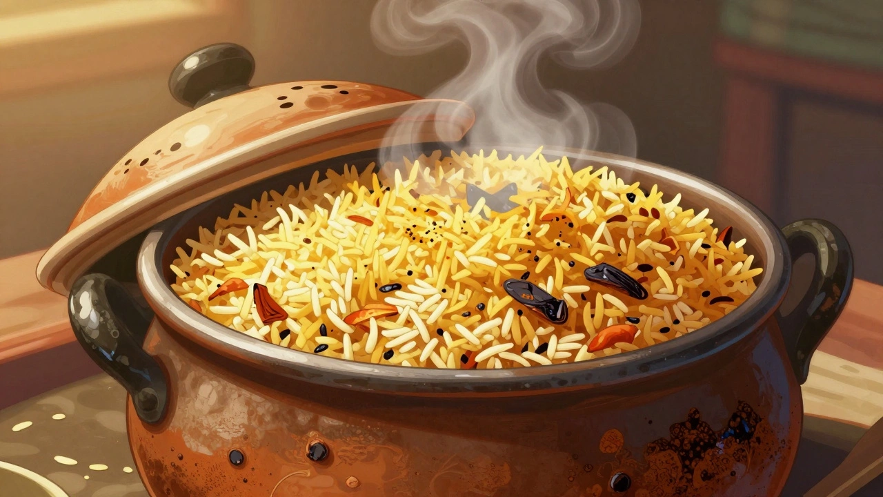 Biryani pot with burnt bottom and raw top layer due to skipping dum cooking