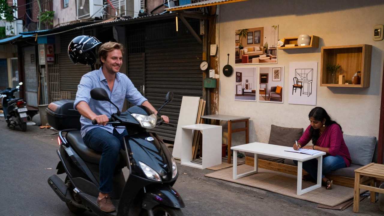 IKEA India leaders Patrik Ivarsson on a scooter and Rashmi Srinivasan sketching designs, symbolizing local adaptation and innovation.