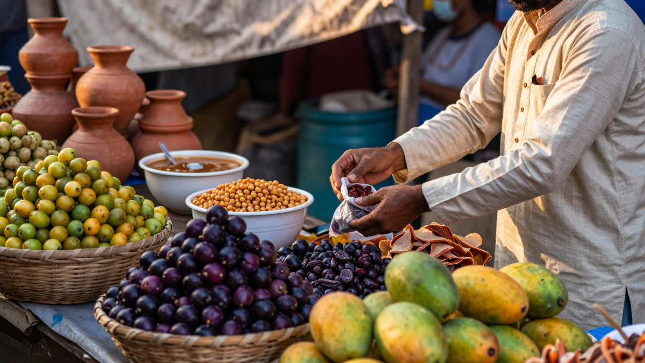 Indian market stall displaying amla, jamun, mangoes, and guava with a vendor handing dried amla to a customer.