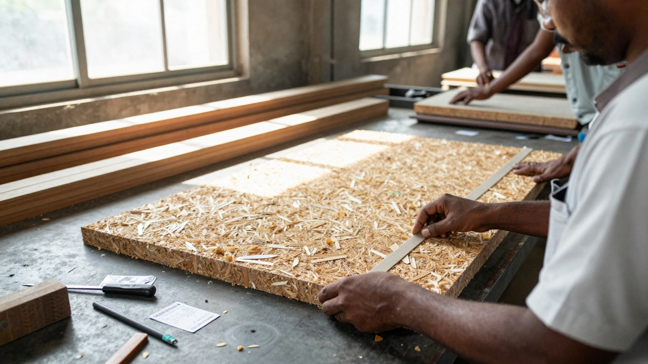 Indian workers assembling flat-pack furniture using locally sourced rice husk particleboard and heat-resistant edge bands.