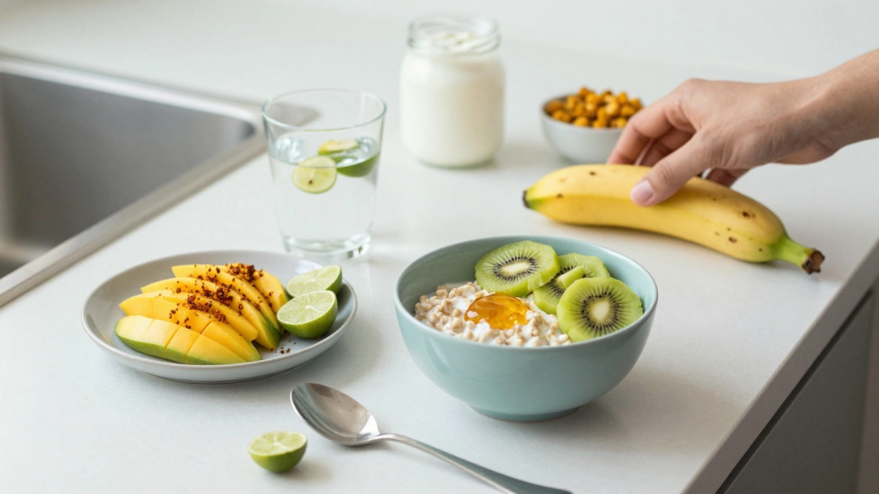 Overnight oats with kiwi and honey beside raw mango slices and chaat masala on a kitchen counter.